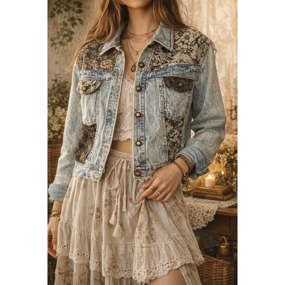 Vintage JouJou Patchwork Denim Jacket Floral Tapestry‎ Grunge Boho L